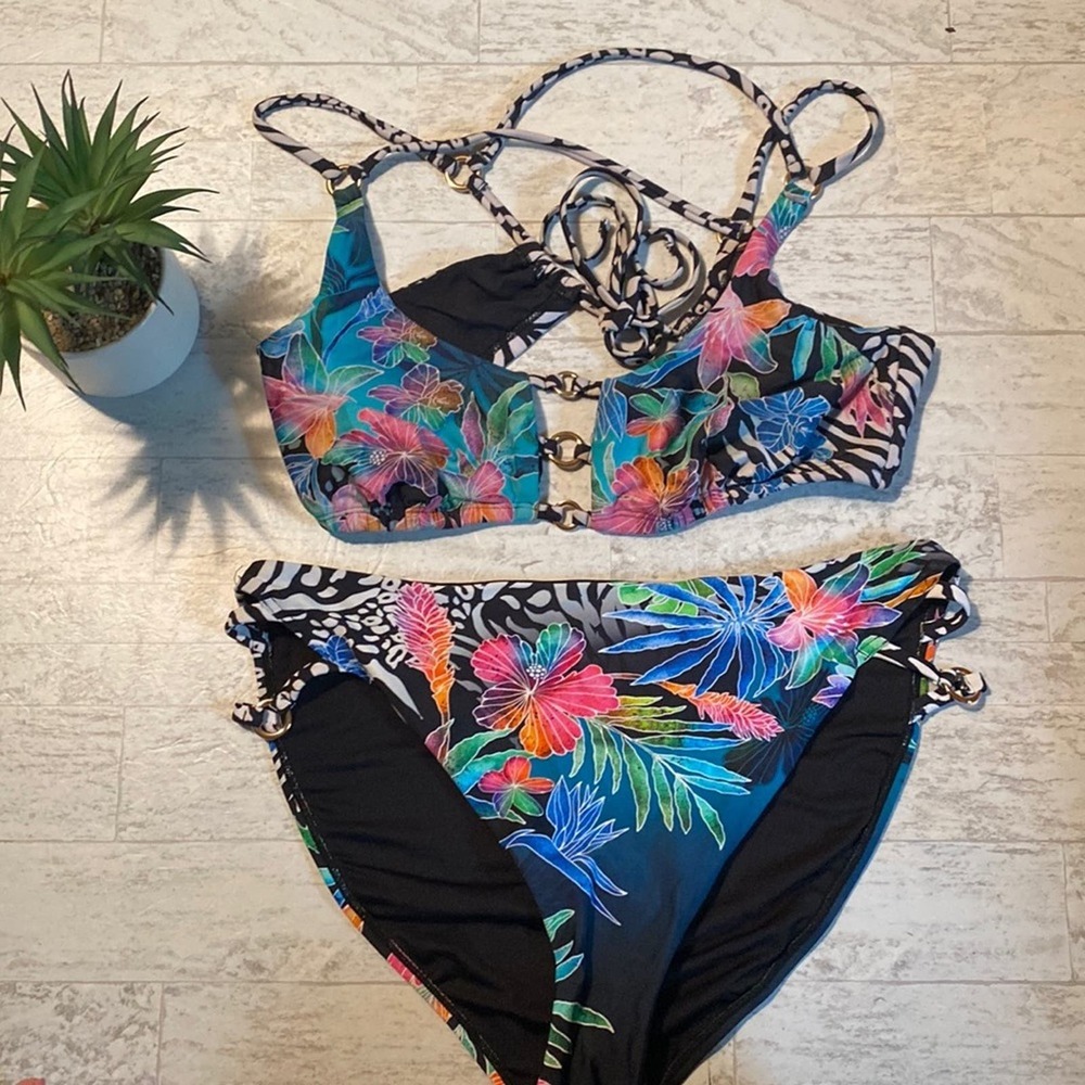 Ashley Graham Black Tropical Floral & Zebra Bikini